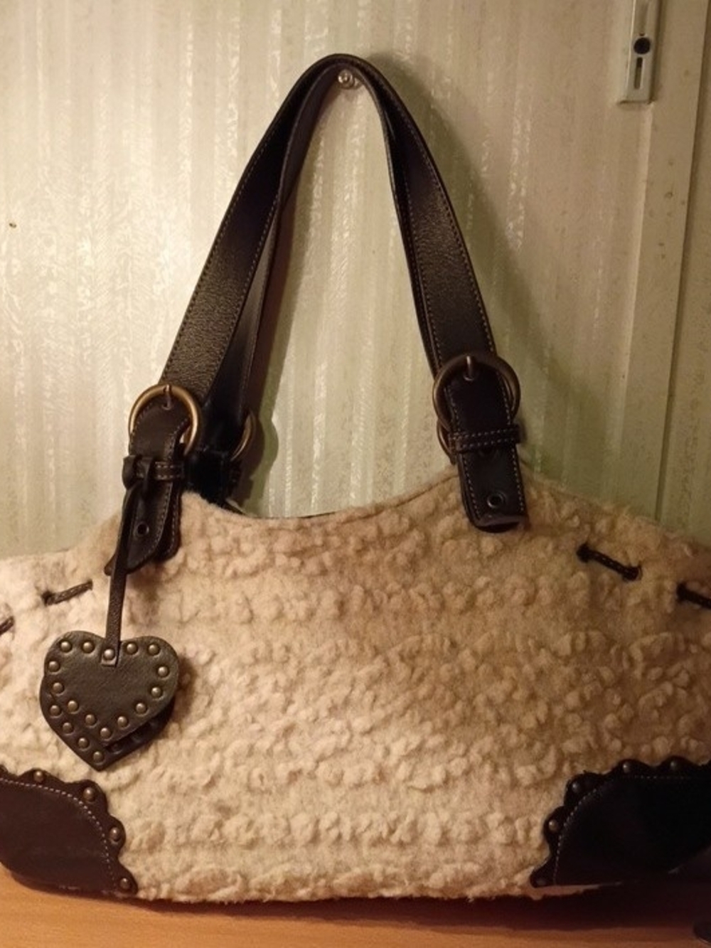 Y2K Vintage Roberta Gandolfi Made in Italy Mouton Wool & Leather Hobo Bag with H